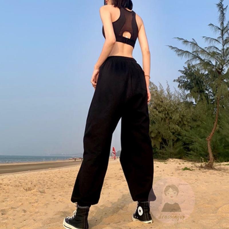 Quần Dài Harem Dáng Rộng Eo Co Giãn In Họa Tiết Chữ Màu Xám / Đen Cá Tính Cho Nữ