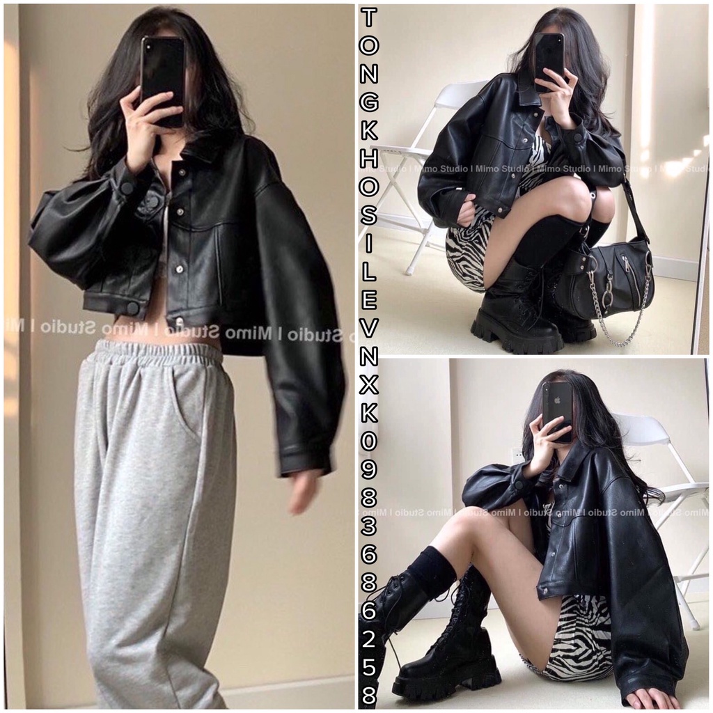 Áo Khoác Da Nữ Dáng Croptop Dài Tay Cúc Bấm - ÁO DA CROPTOP JACKET MÀU ĐEN UNISEX