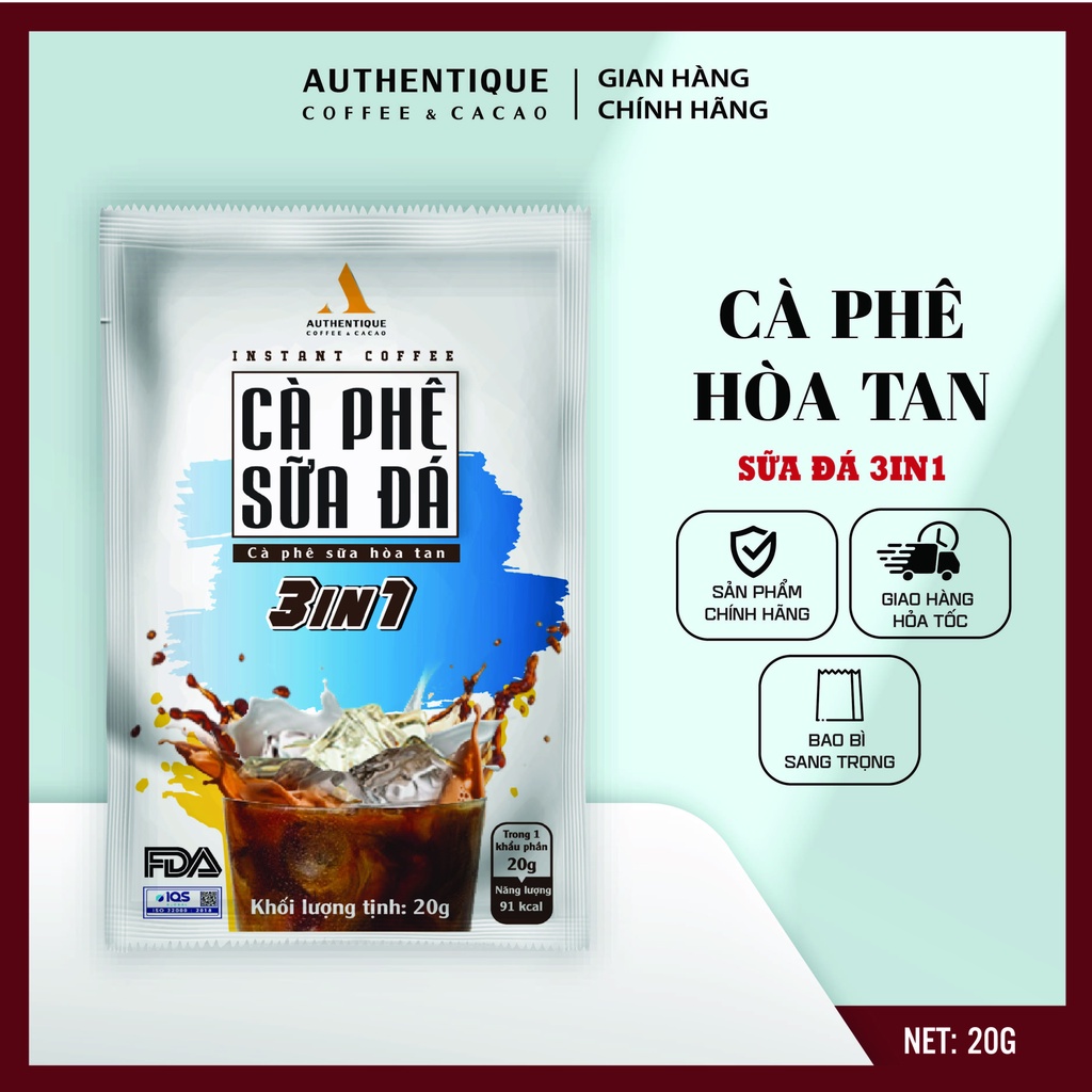 Cà phê sữa đá pha sẵn hòa tan 3in1 20G - Đậm vị cà phê | Authentique Instant Coffee