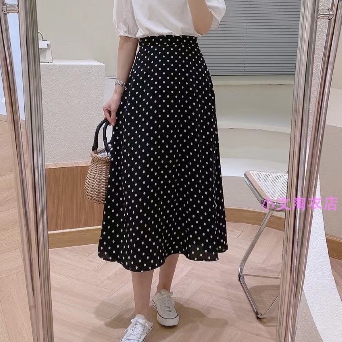 Chân váy dài dáng suông 2 lớp - Chân váy xòe chấm bi chất voan Nhật CV-CB