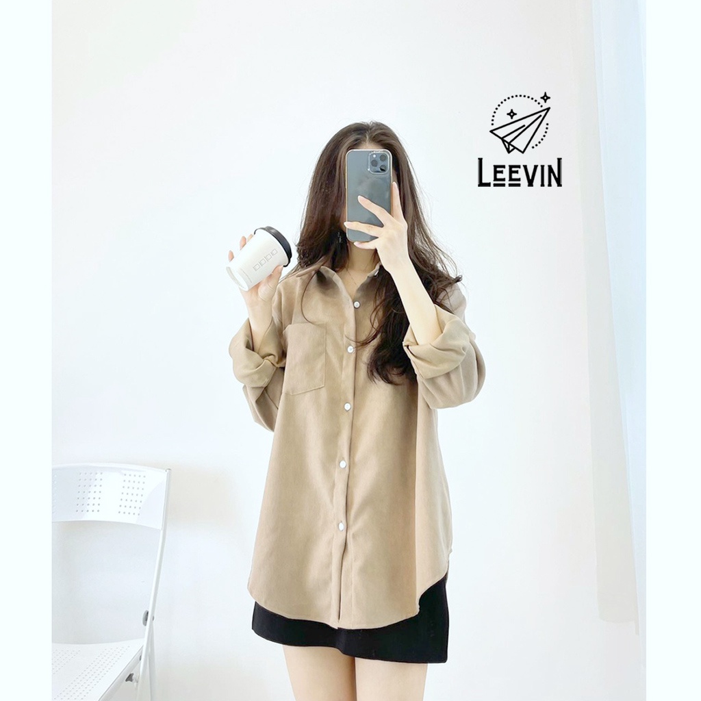 Áo Sơ Mi Nhung Nữ FREESIZE Form Rộng Tay Dài Phong Cách Hàn Quốc Ulzzang Dáng Rộng Leevin Store