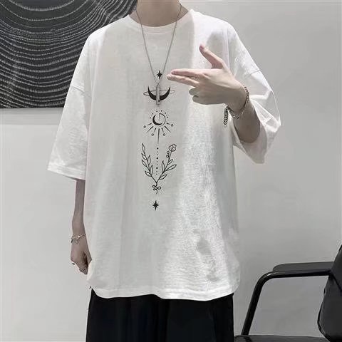 Áo thun tay ngắn dáng rộng in họa tiết hoa cỏ mặt trăng size M-5XL thời trang dành cho nam và nữ