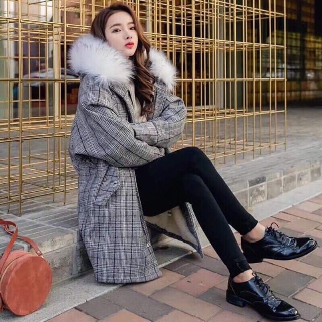 Áo dạ kẻ mũ lông 249k