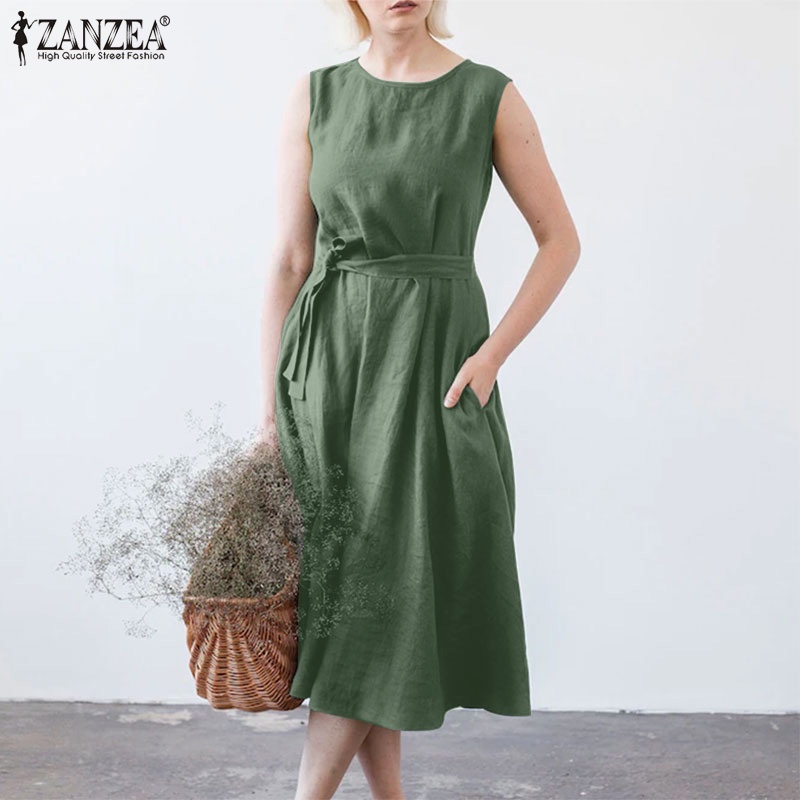 Zanzea Đầm Midi Sát Nách Cổ Tròn Có Túi Bên Hông Và Thắt Lưng Tháo Rời Được Đa Năng