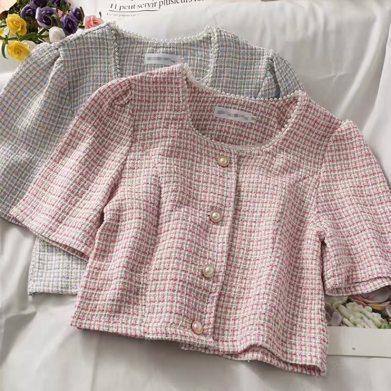Sẵn/order Áo dạ Tweed nữ crotop kiểu Hàn quốc vải tuýt xinh xắn cúc ngọc tay ngắn sang chảnh tiểu thư có video thật
