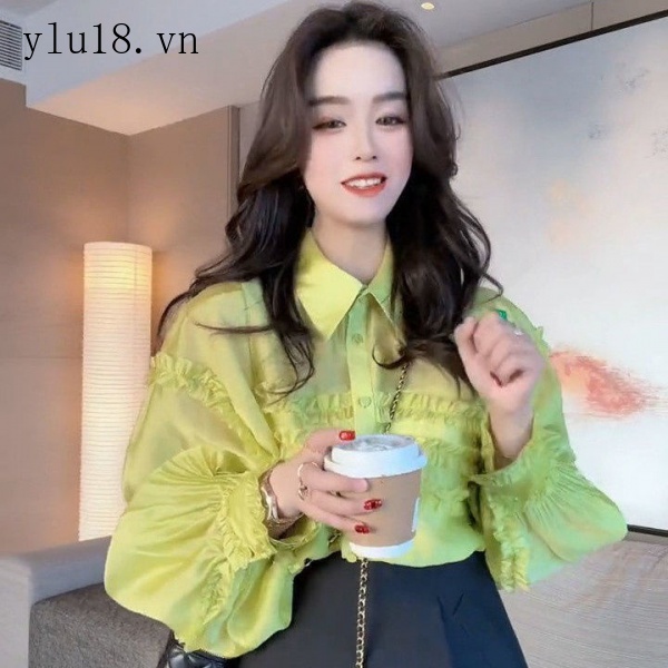 Áo Sơ Mi Chiffon Tay Phồng Phối Ren Màu Xanh Lá Ngọt Ngào Thời Trang Mùa Xuân Phong Cách Phương Tây Dành Cho Nữ