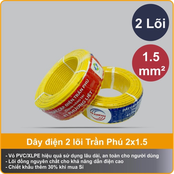 Dây điện đôi Trần Phú 2x1.5 dùng làm dây nối Gans giá bán theo mét