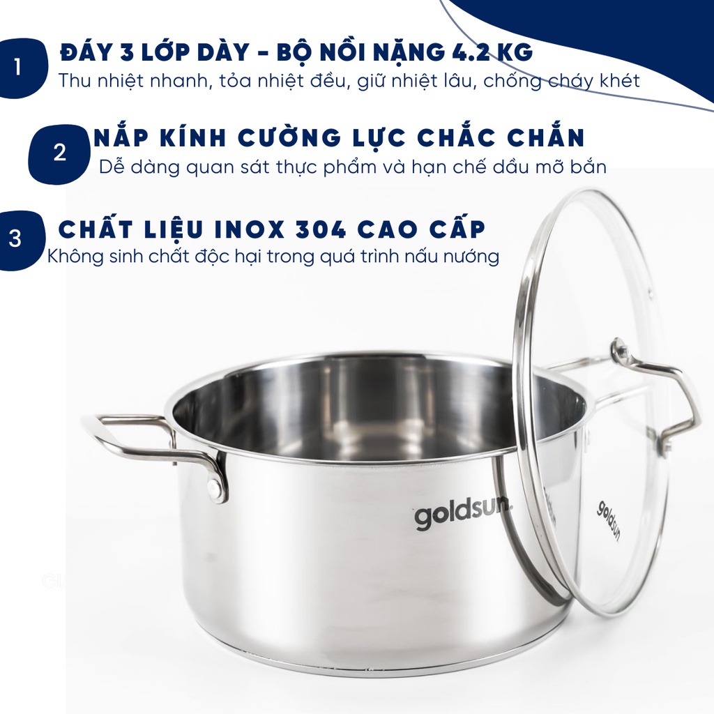 Bộ nồi inox 304 cao cấp dùng được mọi loại bếp, đáy 3 lớp, chất liệu inox cao cấp an toàn nắp kính cường lực chịu nhiệt