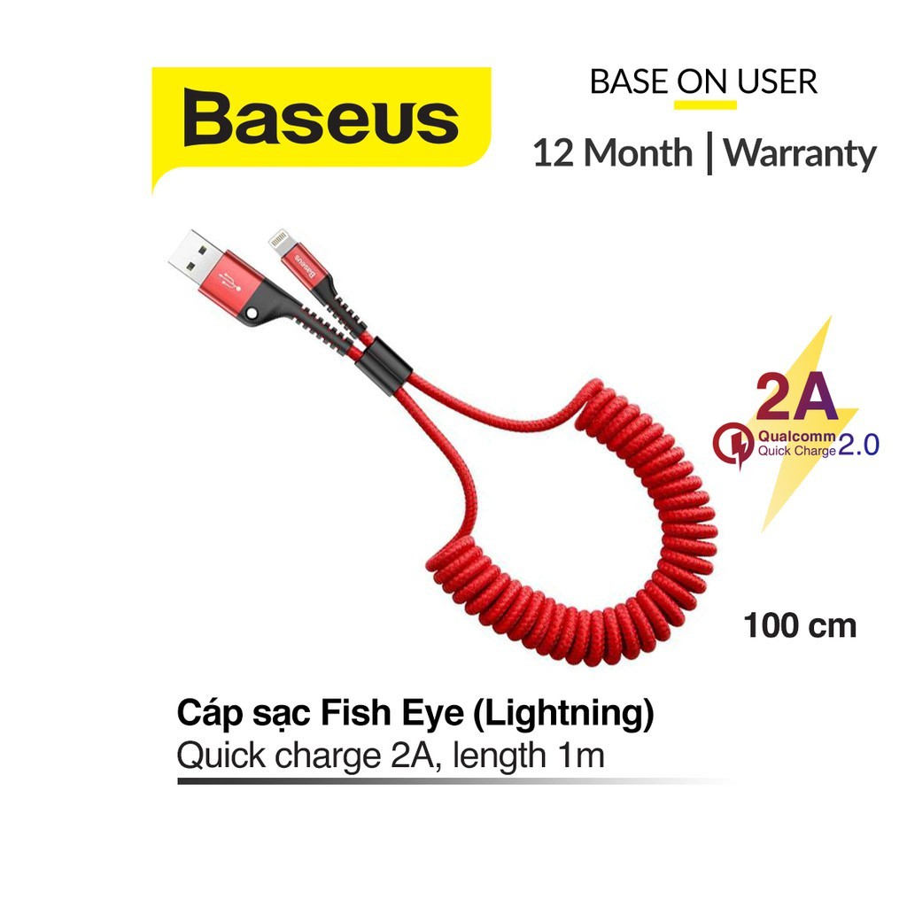 Cáp sạc dây xoắn Baseus Fish Eye Spring chân sạc nhanh 2A đồng bộ dữ liệu tốc độ cao dài 1M cho IP/tablet táo