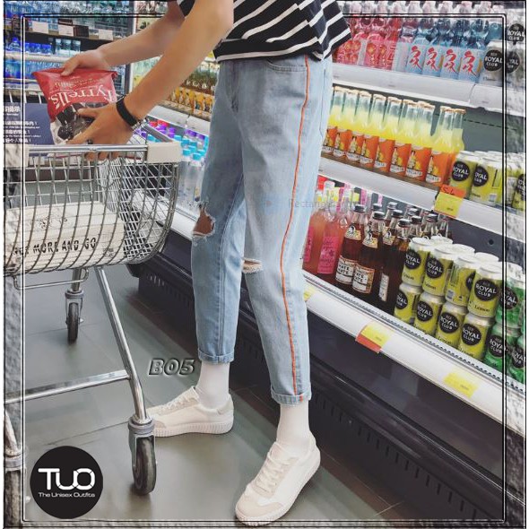[ QUẦN JEAN BAGGY UNISEX QJ05 ] Màu xanh rách gối line đỏ