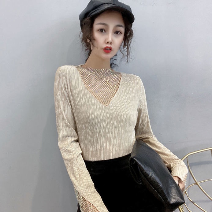 Áo thun tay dài phối lưới đính đá thời trang xuân thu dành cho nữ 2021