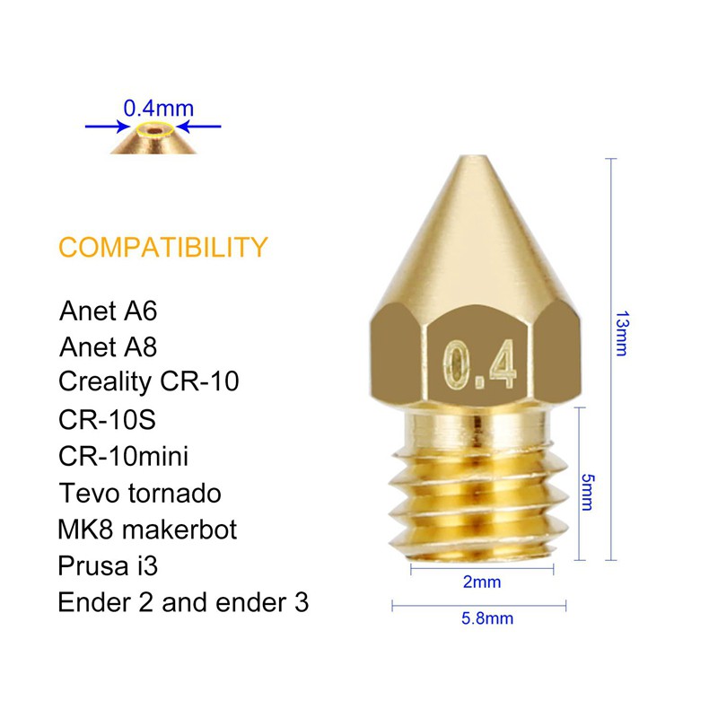 Bộ 50 Vòi Phun Máy In 3d Mạ Vàng K8 0.4 mm Cho Ender 3 Anet A8 Makerbot Mk8 C-10 Cr-10S S4 S5 3pro 5 | BigBuy360 - bigbuy360.vn