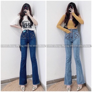 Quần jean ống loe/ống pat, túi kiểu, lưng tua, co giãn mạnh, 2 màu đậm nhạt