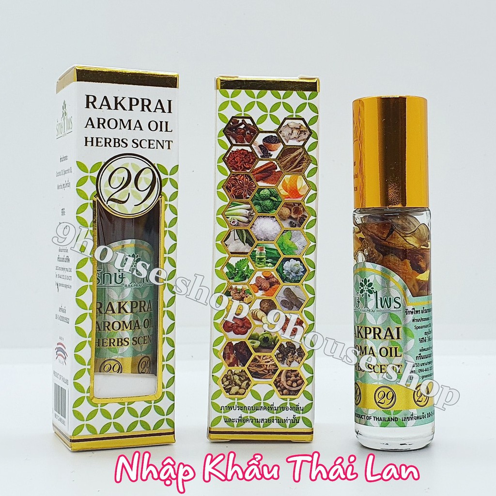 01 Chai Dầu Ngâm 29 Vị Thảo Dược RAKPRAI AROMA OIL HERBS SCENT Thái Lan 8ml