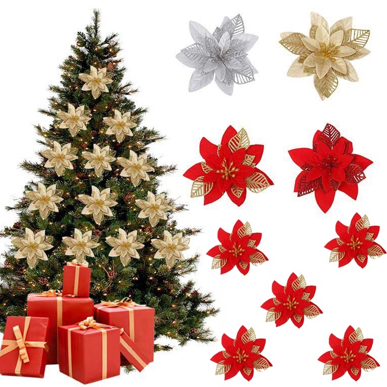 Set 5 Bông Hoa Giả Ba Tầng Lấp Lánh Trang Trí Cây Thông Giáng Sinh Năm Mới