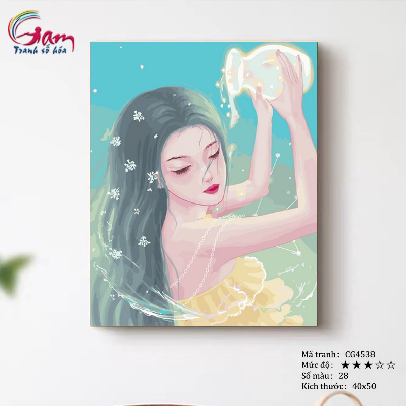 Tranh tô màu theo số cung hoàng đạo cô gái Bảo Bình + 2 bộ cọ CG4538 màu tranh cao cấp màu 5ml hỗ trợ tô sần
