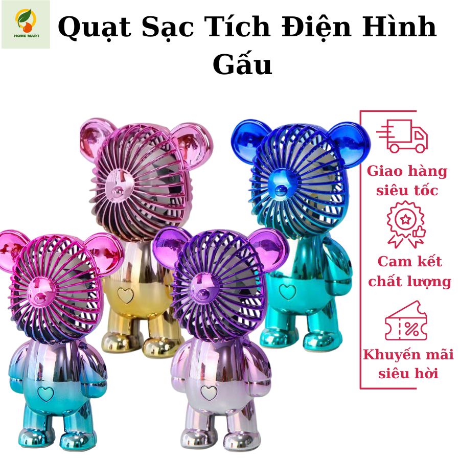Quạt Mini Cầm Tay Hình Gấu Tích Điện Sạc Bằng Cổng USB Có Nhiều Màu Sắc Thời Trang