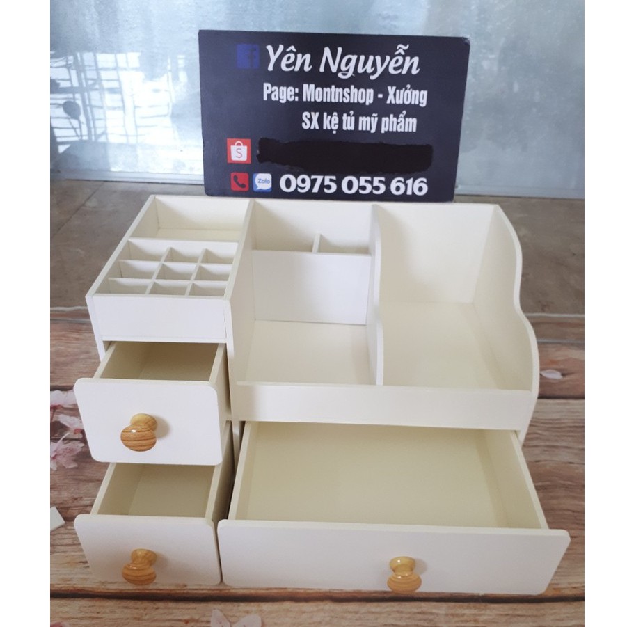 Kệ đựng mỹ phẩm max 35cm màu trắng núm gỗ sáng 9 ô son trên