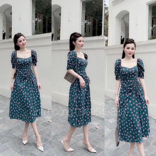 ⚡️BÁN SỈ⚡️Đầm hoa xanh rút dây có sẵn đệm ngực xẻ chân