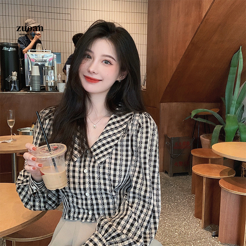 SUXI Áo kiểu tay phồng dài cổ búp bê kẻ sọc ca rô phong cách retro dành cho nữ