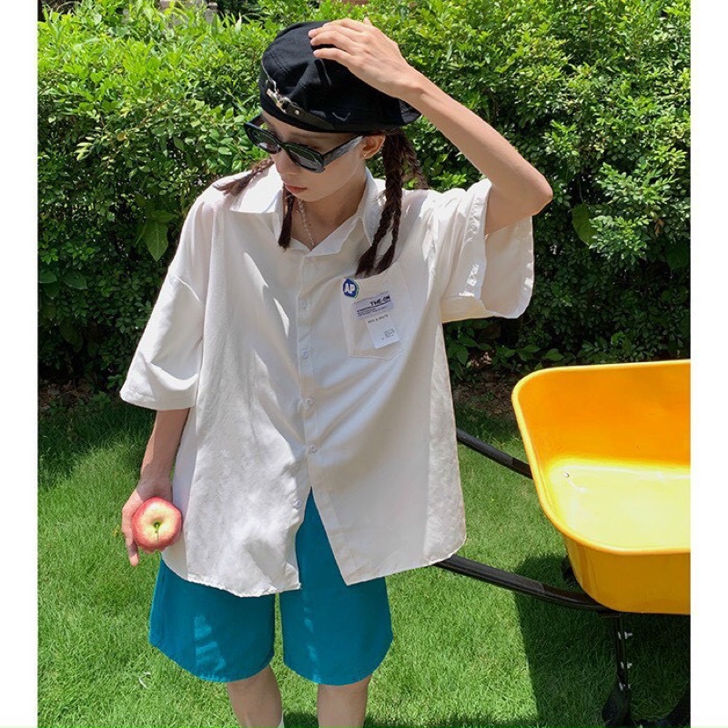 Áo sơ mi unisex form rộng tay lỡ  in chữ AP thiết kế basic nam nữ dễ mặc