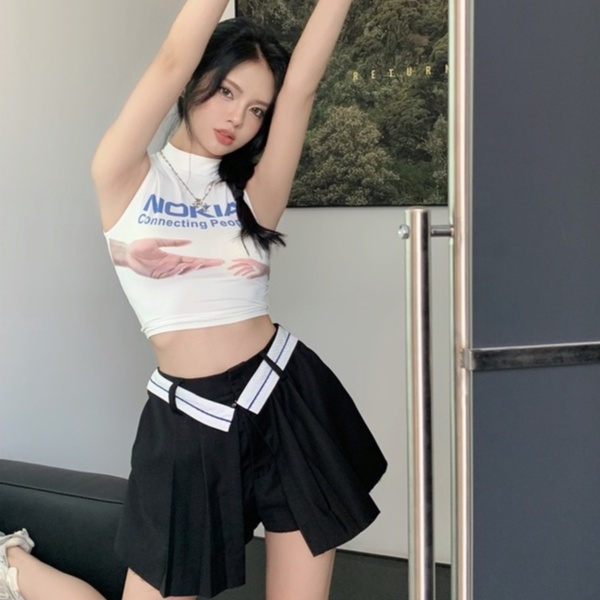 QKOOLE Áo croptop  không tay cổ cao in họa tiết nokia thời trang Hàn Quốc cho nữ