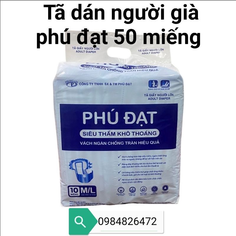 Tã Bỉm dán người già PHÚ ĐẠT bộ 50 miếng tả bĩm dán mẫu mới Vách chống tràn 2 bên size M /L từ 40_80kg dùng