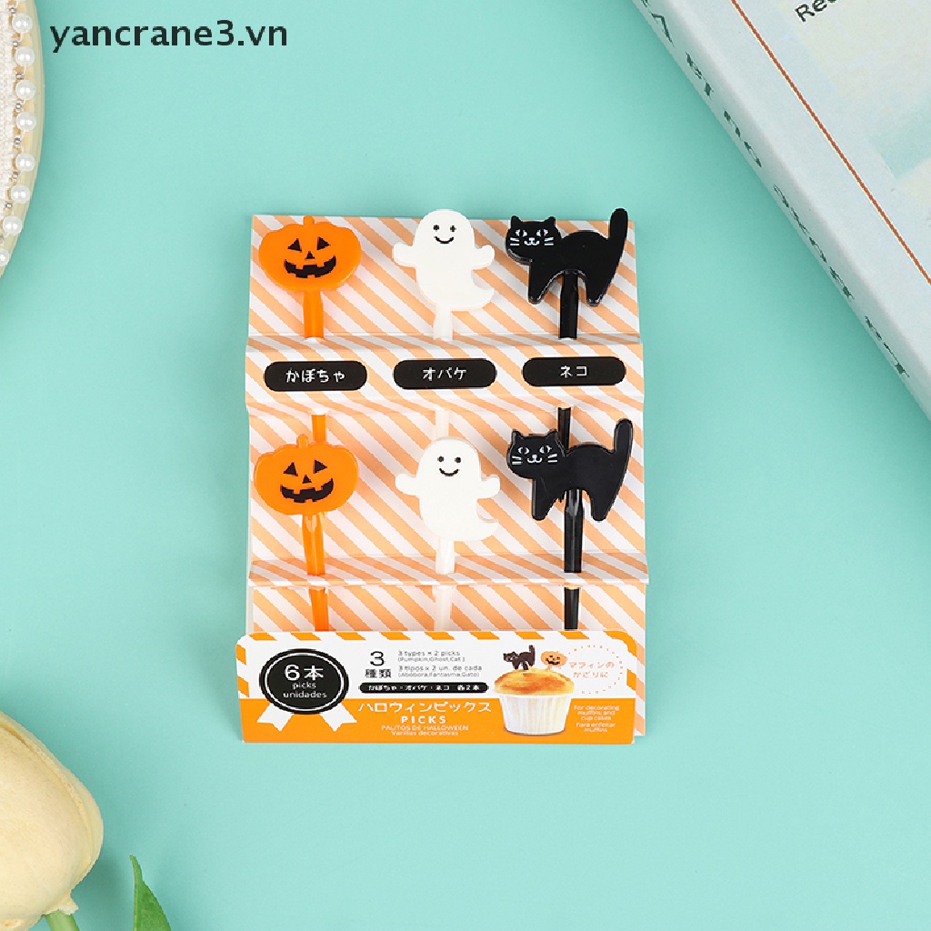 Bộ 6 Nĩa Ăn Trái Cây / Tráng Miệng Mini Họa Tiết Hoạt Hình Phong Cách Halloween Cho Bé {yancrane3.vn}