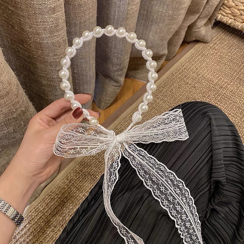 Bờm tóc nữ, băng đô hạt trai nhân tạo phối ren rủ dài  Y168