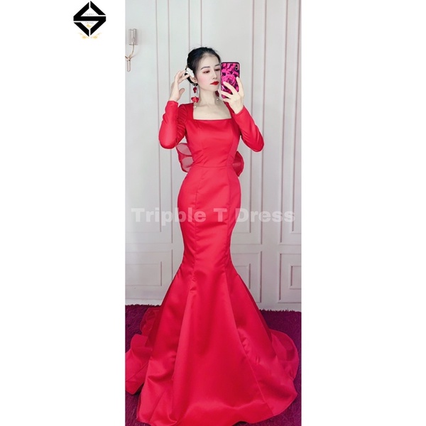 Đầm maxi body đuôi cá dài mặc cưới hở lưng tặn kèn nơ lưng 6 cánh siêu to TRIPBLE T DRESS - size S/M/L - MS177Y