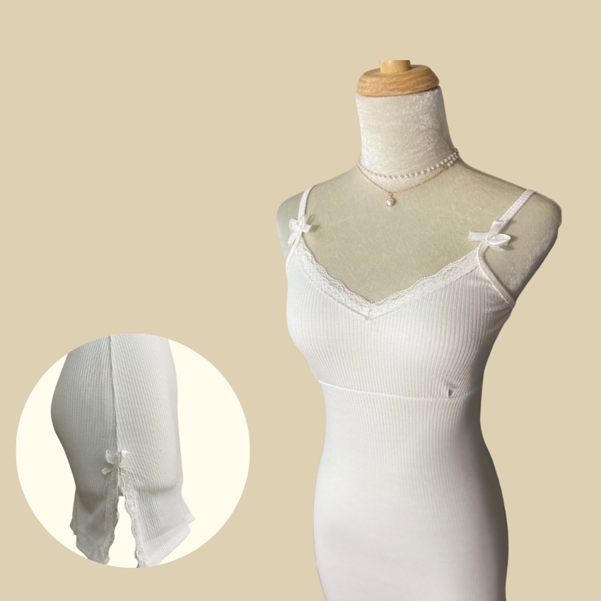 Đầm hai dây váy body xẻ đùi phối ren tặng kèm chip chất thun gân hình thật- ringu shop