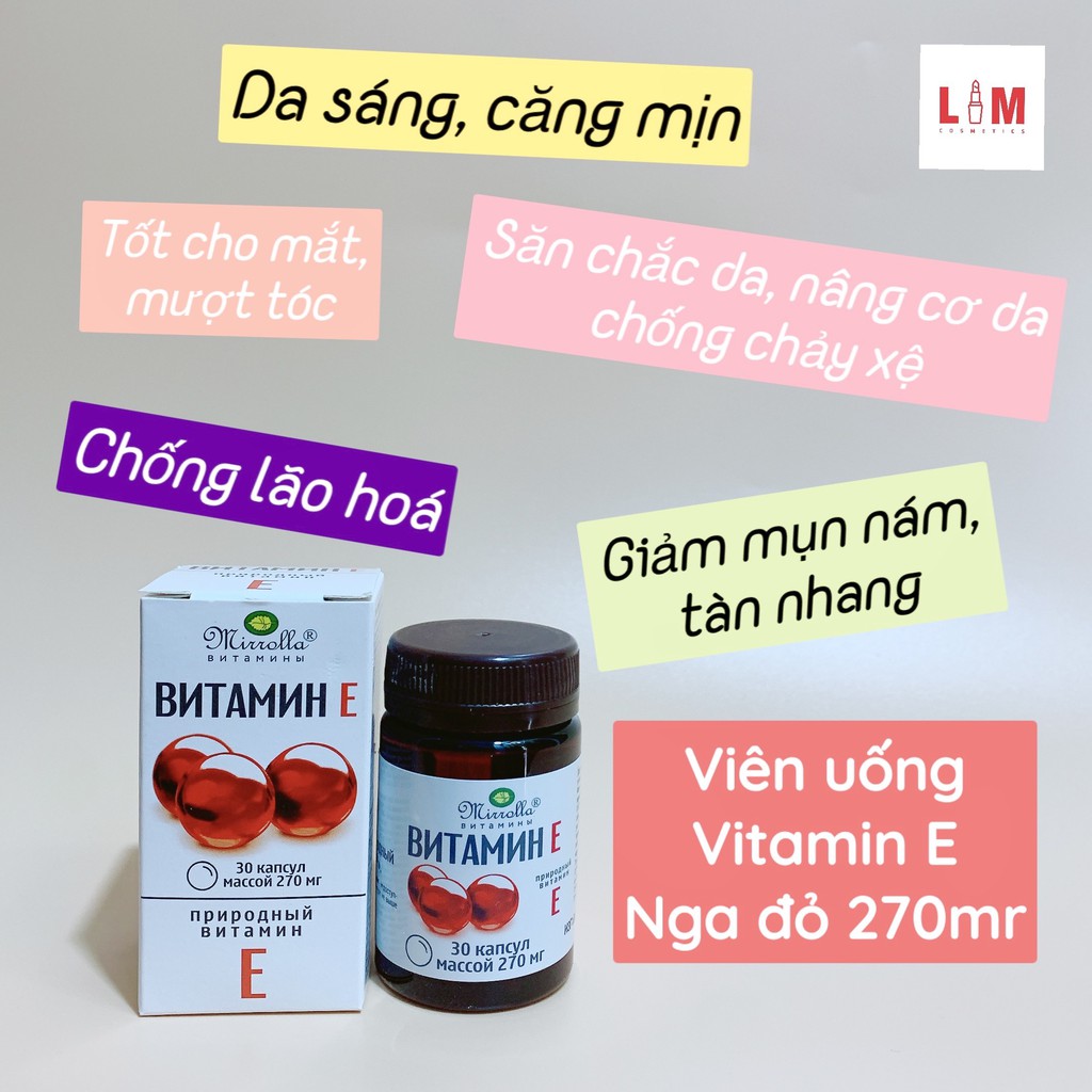 Vitamin E đỏ của Nga Mirrolla 270mg Hộp 30 Viên [Chính Hãng]