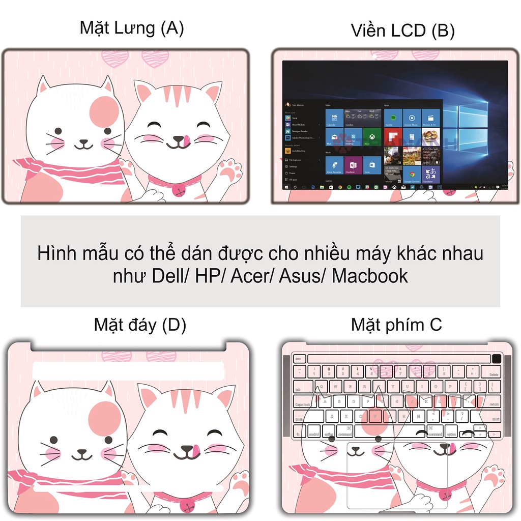 Miếng Dán Laptop - Mẫu hai chú mèo cute - Dán cho Dell, Hp, Asus, Lenovo, Acer, MSI, Surface,Vaio, Macbook