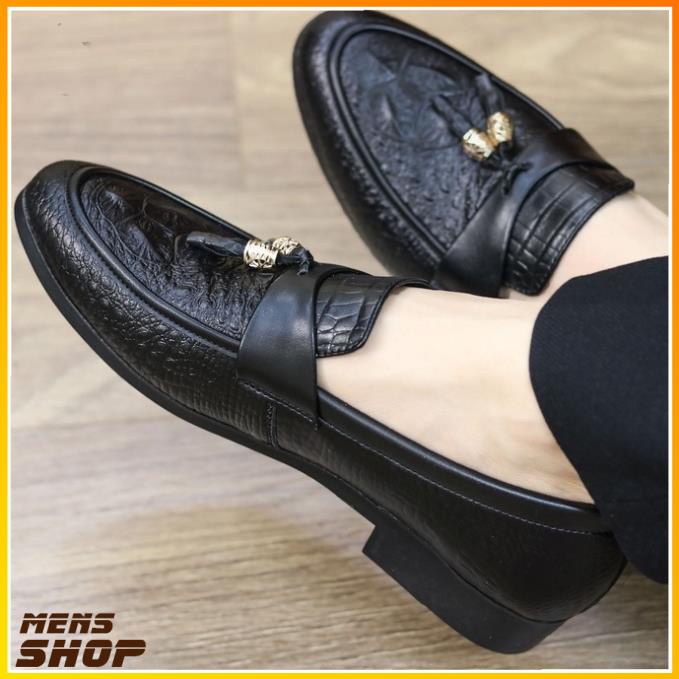 Giày Lười Nam Da Lì Dập Vân Cá Sấu Chuông Vàng