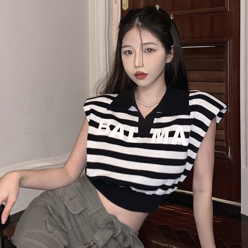 Áo Lửng Hai Dây Kẻ Sọc In Chữ Thời Trang Cho Nữ