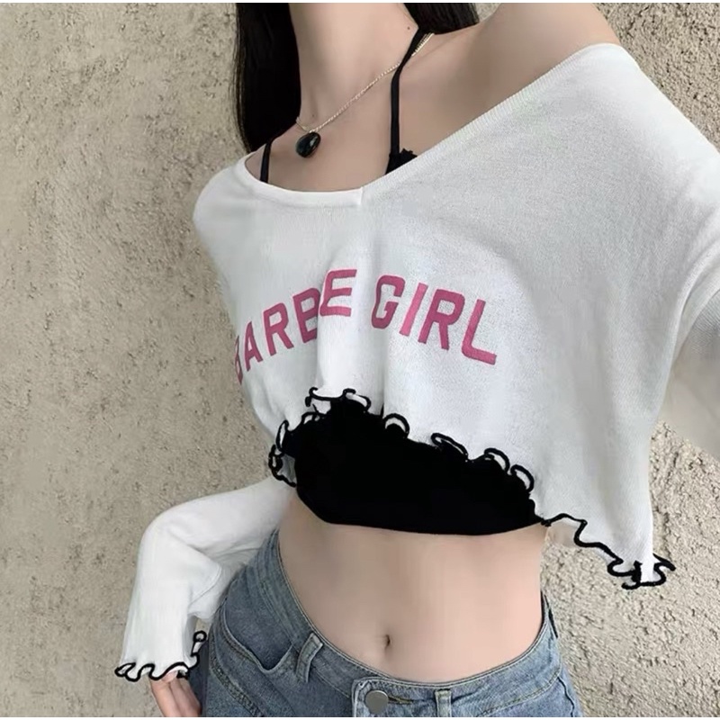 set áo len croptop kèm áo yếm sexy barbie girl (2076#)