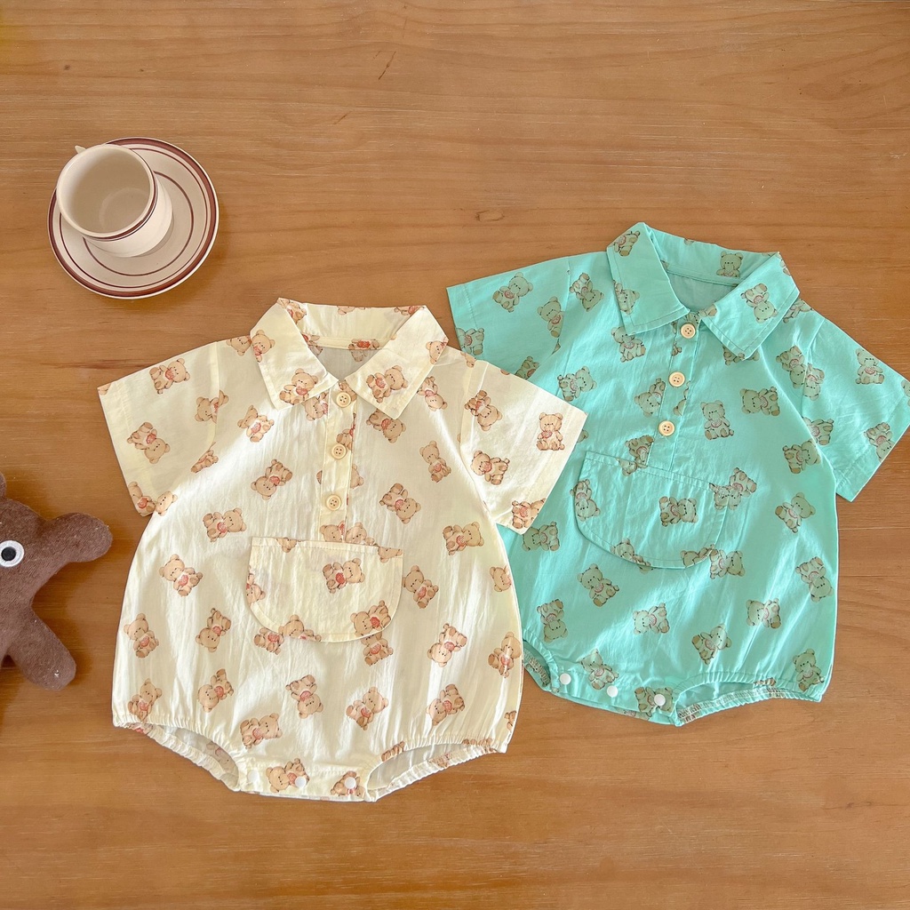 Áo Liền Quần Tay Ngắn Cổ Polo In Hình Gấu Dễ Thương Cho Bé Trai 0-2 Tuổi
