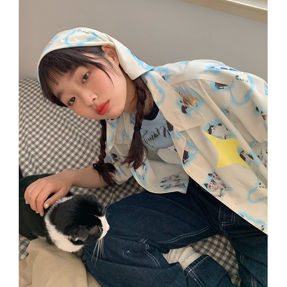 Áo Sơ Mi Ngắn Tay In Họa Tiết Mèo Và Ngôi Sao Sáng Tạo Thời Trang Cho Nữ