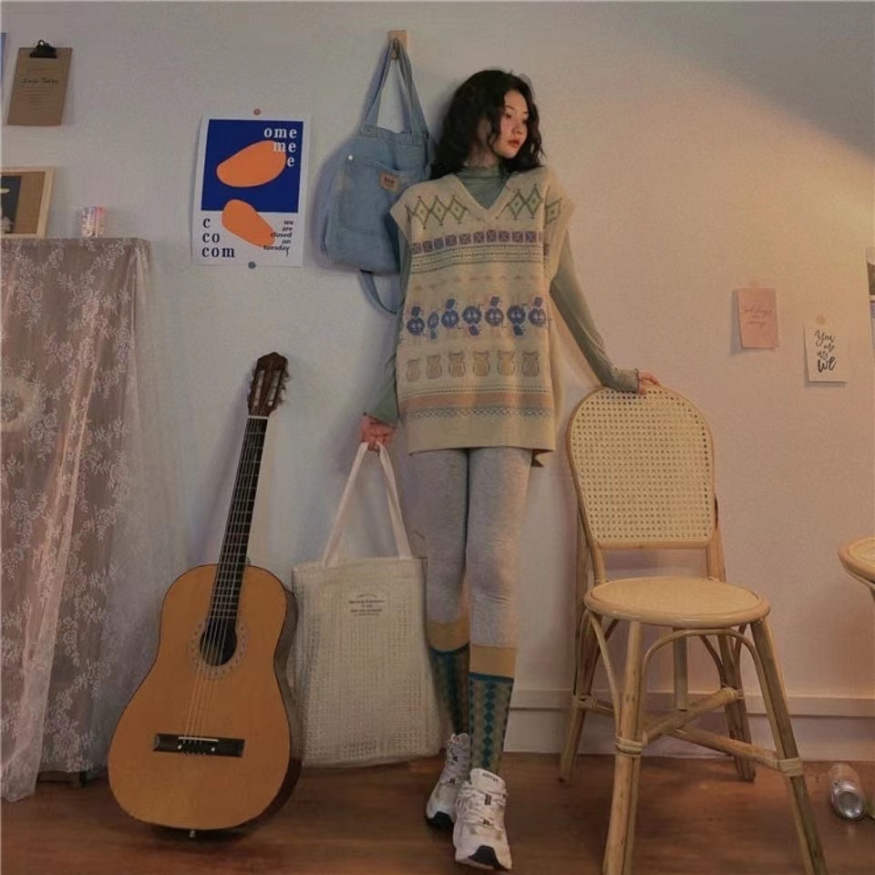 Áo Gile Vintage Print Pattern Loose Knitted Vest