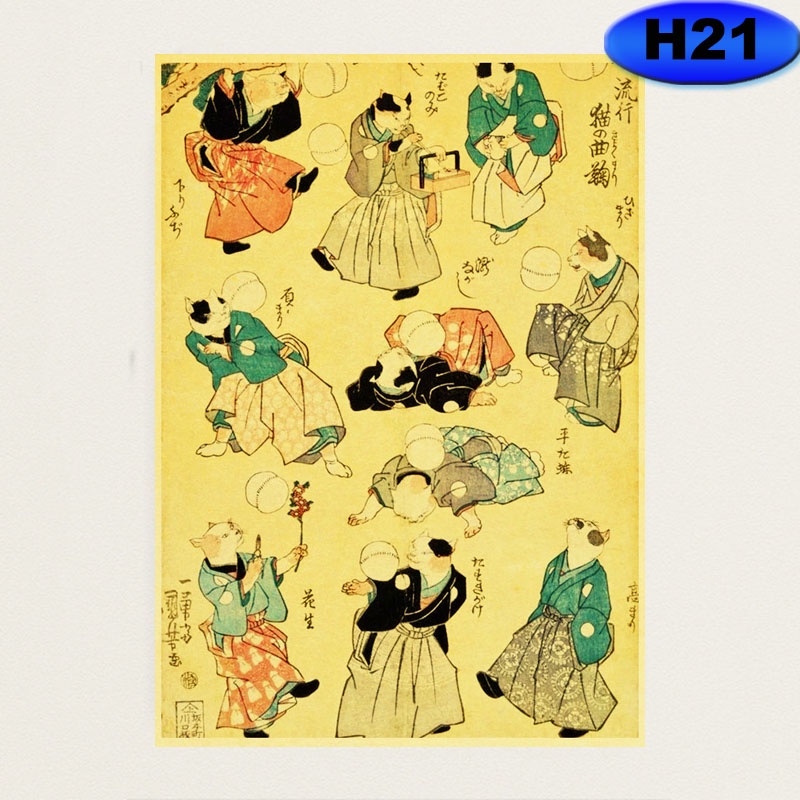 Poster Giấy kraft Treo Tường Trang Trí Hình Mèo samurai Nhật Bản Cổ Điển