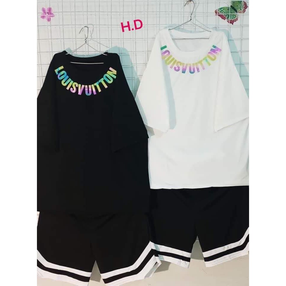 Sét bộ áo thun phản quang và quần short ngắn chữ V viền trắng vui tươi, áo cotton và quần thun lạnh cực mát ạ