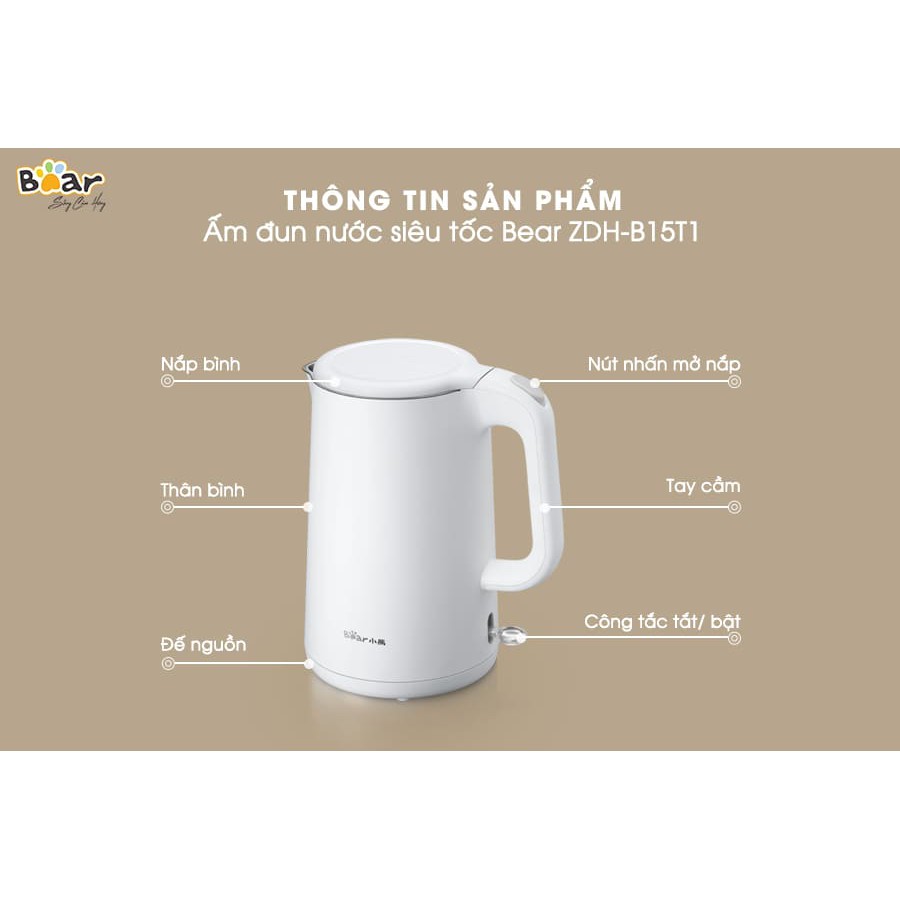 Ấm Siêu Tốc, Bình Đun Nước Siêu Tốc 1.5 lít Bear ZDH-B15T1, Công Suất 1500W, Đun Nước Siêu Nhanh & Sang Trong, BH 1 Năm.