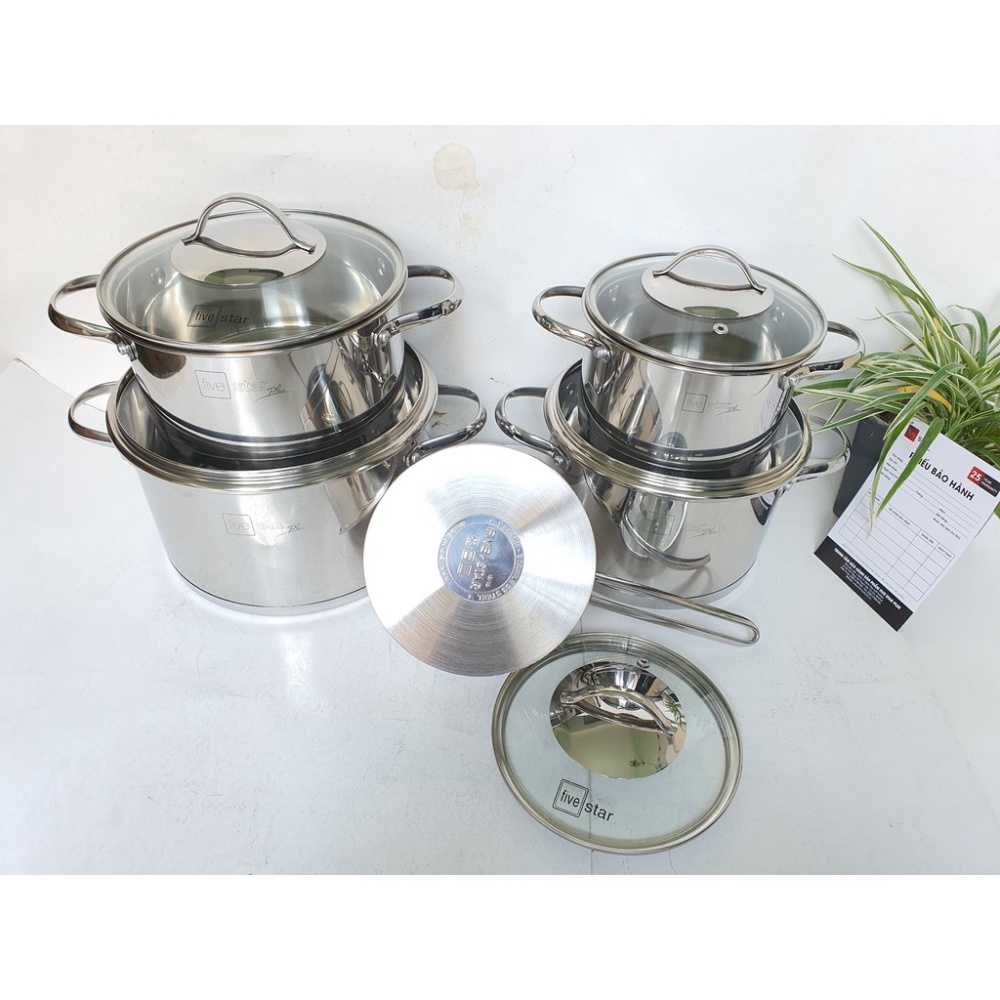 Bộ nồi chảo chống dính vân đá  Fivestar Plus 6 món nắp kính , 3 đáy dùng được mọi bếp , tặng 1 vá canh