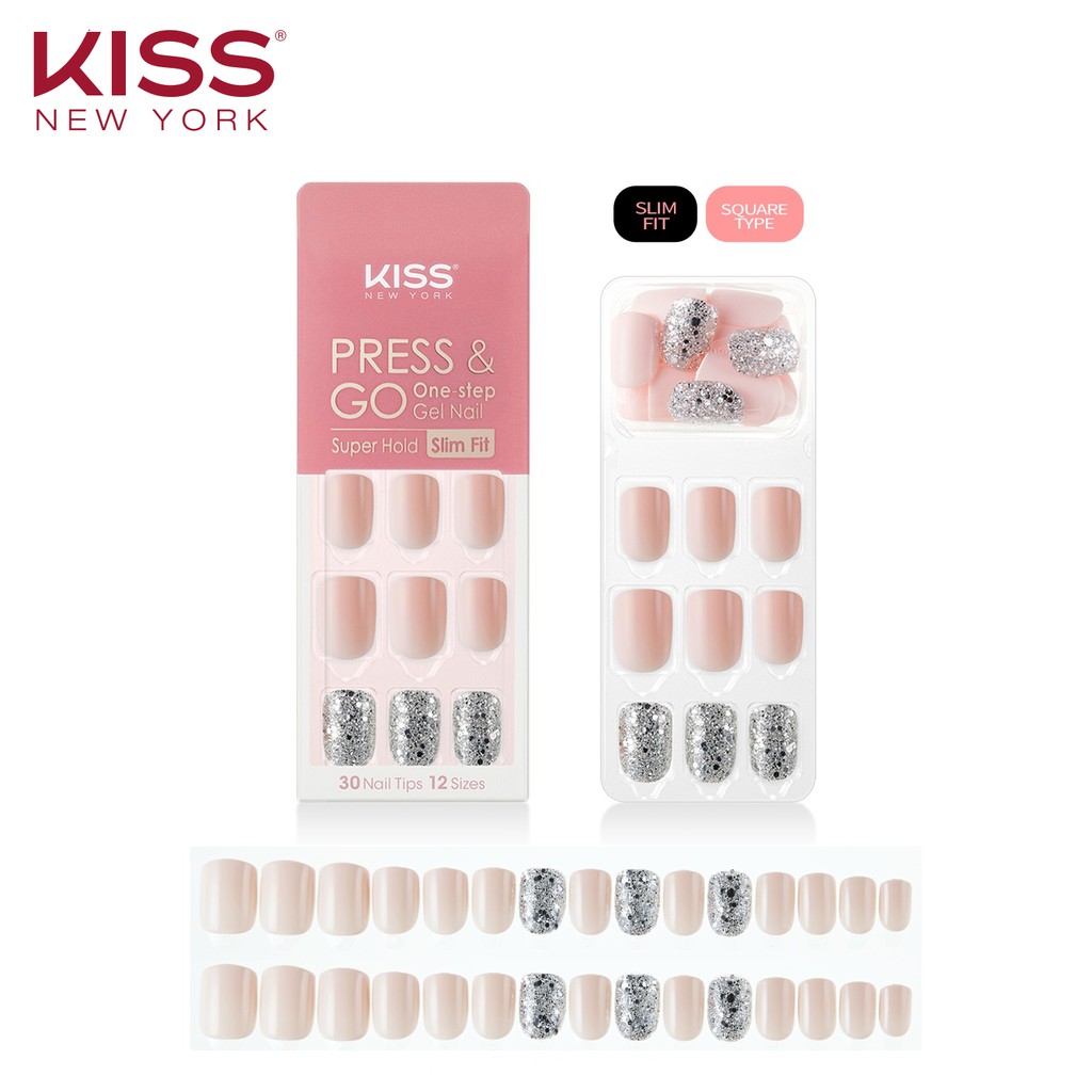 Bộ 30 Móng Tay Gel Tự Dán Press &amp; Go Kiss New York Nail Box - Bling Candy Pink (KPNS06K)