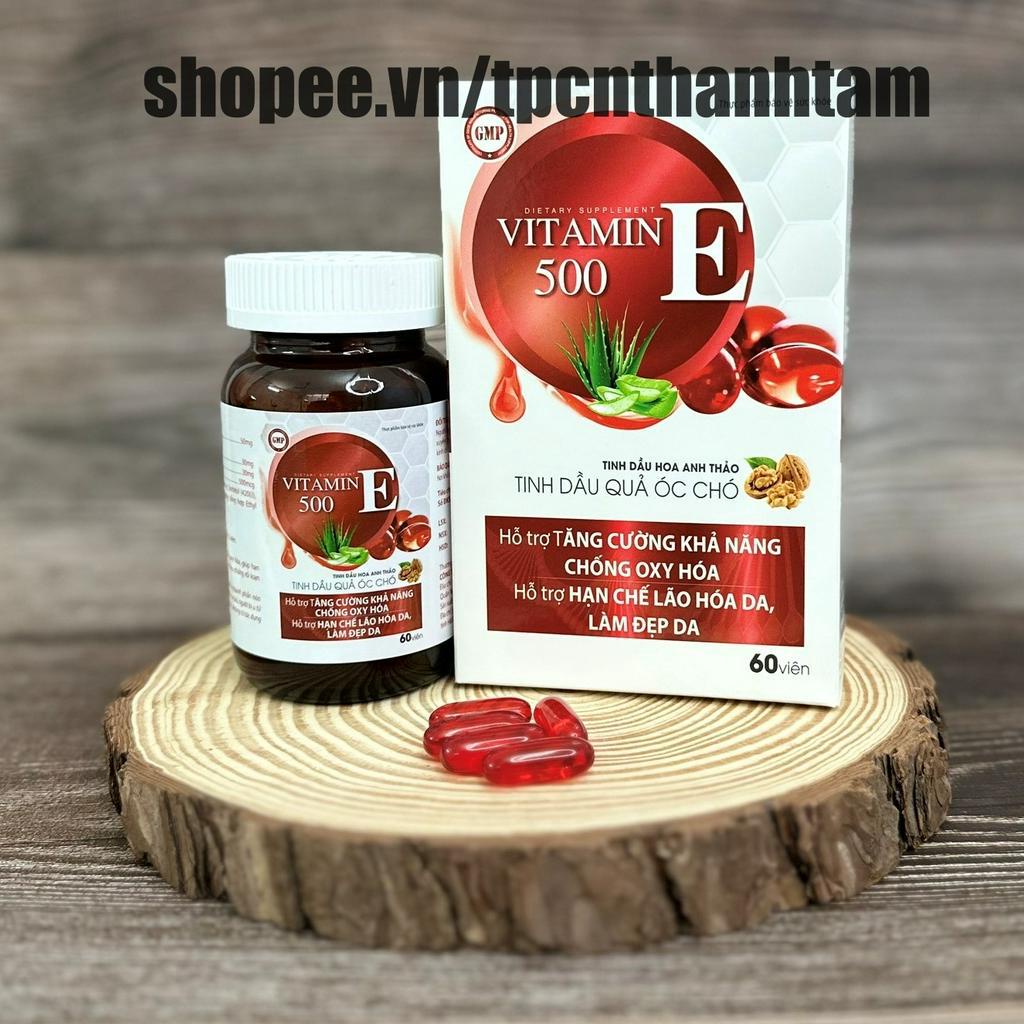 Viên uống trắng da Vitamin E 500 với tinh dầu lô hội giúp đẹp da, sáng da, chống lão hóa, giảm nám, bôi lên da- Hộp 60 v