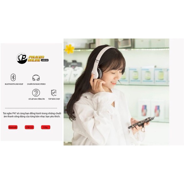 Tai nghe chụp tai Bluetooth P47 chính hãng cực êm đàm thoại nghe nhạc tốt