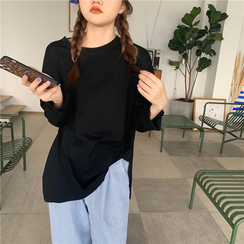 Áo thun tay dài cổ tròn màu trơn thiết kế xẻ tà đơn giản thời trang