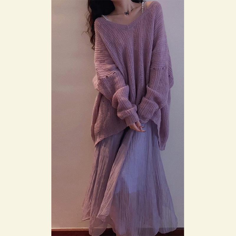 Bộ Áo sweater Hoa Chuông + Chân Váy Màu Tím Phong Cách Pháp Thời Trang Mùa Thu Cao Cấp Cho Nữ