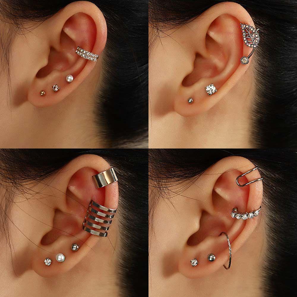 Bông Tai Hình Chiếc Lá Đính Đá Thời Trang Dành Cho Nữ|Khuyên Kẹp Vành Tai