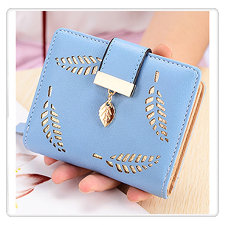 Ví Ngắn Cầm Tay Có Khóa Kéo Họa Tiết Lá Rỗng Phong Cách Hàn Quốc Cho Nữ Giá Đỡ